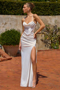Draped Sweetheart Stretch Satin Gown With Thigh Slit & Corset Back | Plus Size Formal Dress-0