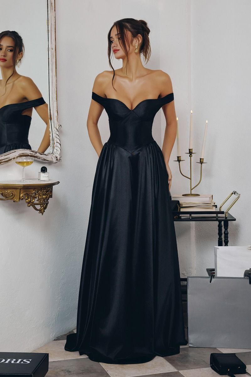 Off-Shoulder Satin Ball Gown with Sweetheart Bodice and Flowing Skirt-0