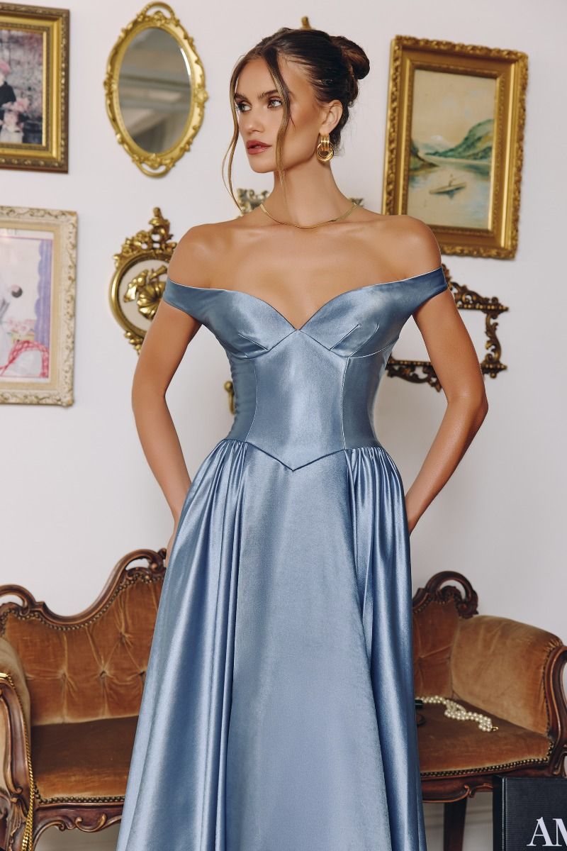 Off-Shoulder Satin Ball Gown with Sweetheart Bodice and Flowing Skirt-3