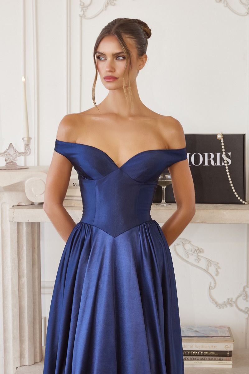 Off-Shoulder Satin Ball Gown with Sweetheart Bodice and Flowing Skirt-0