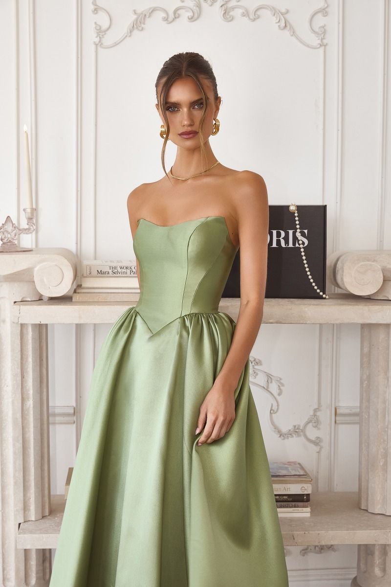 Strapless Mikado Midi Dress with Sculpted Bodice and Voluminous Skirt-1