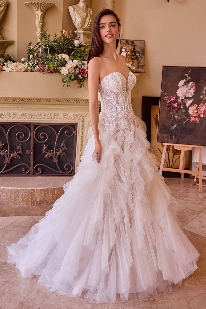 Strapless Drop Waist Cascading Wedding Dress-3