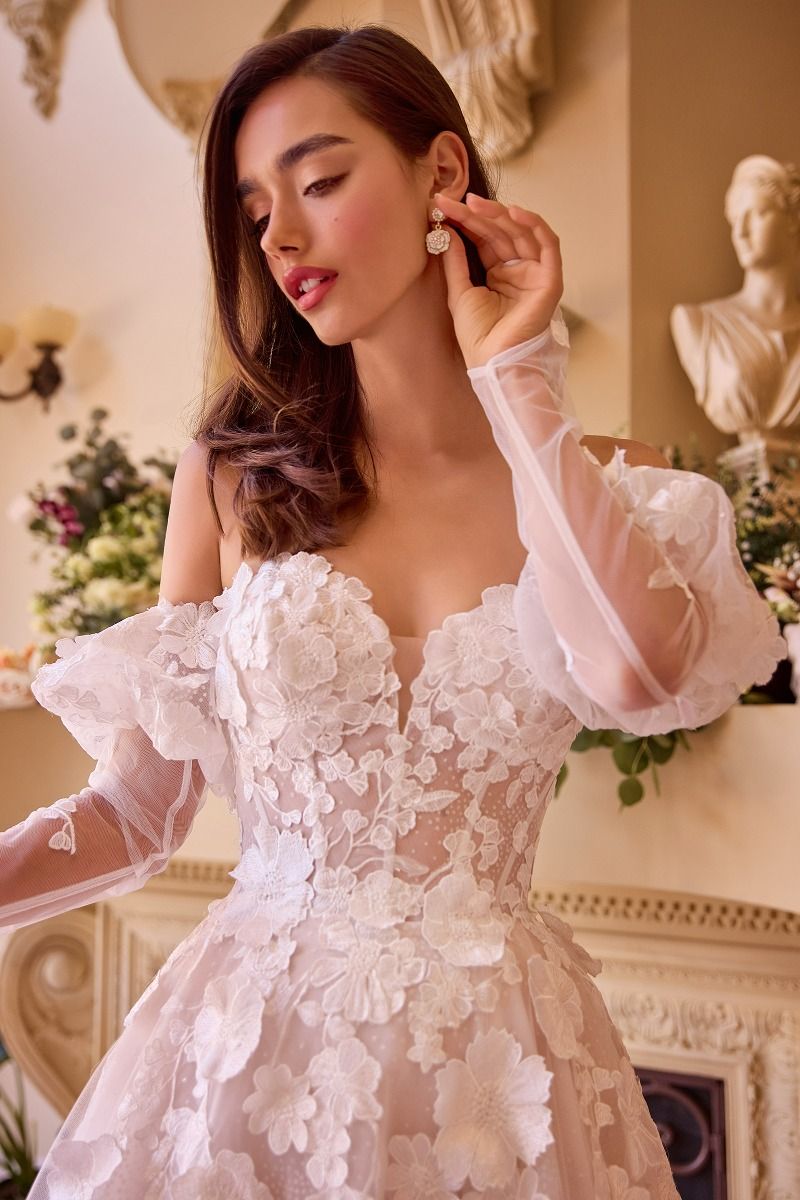Floral Applique Adorned Strapless Wedding Gown-4