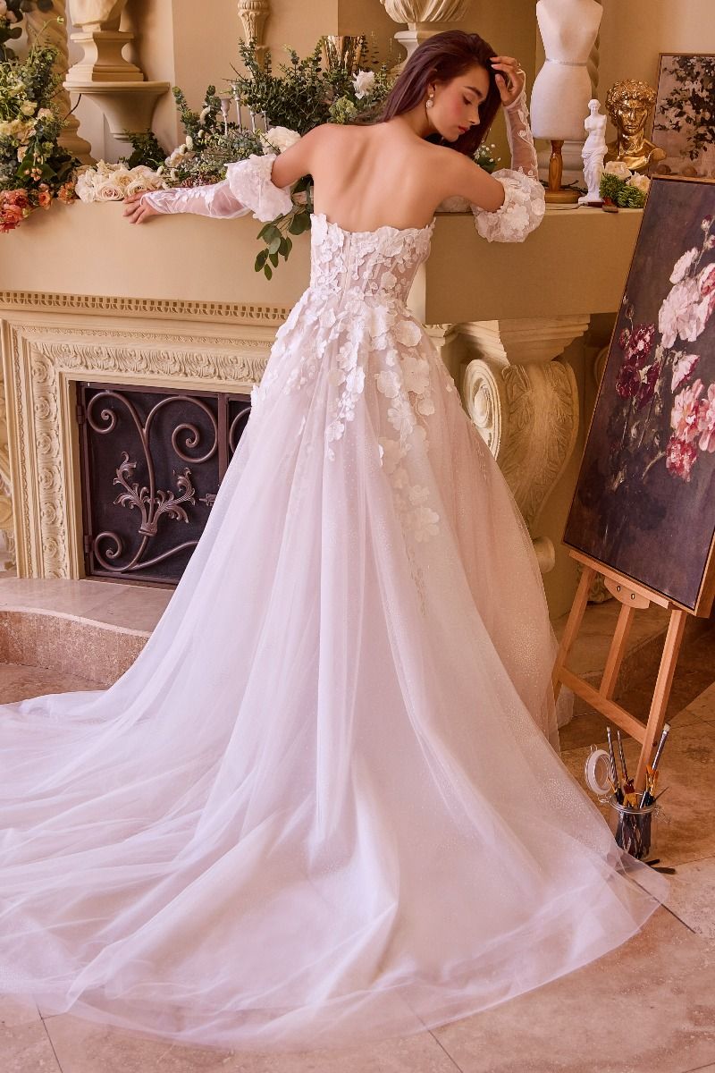 Floral Applique Adorned Strapless Wedding Gown-2