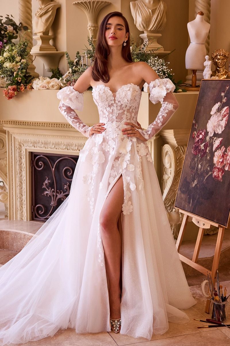 Floral Applique Adorned Strapless Wedding Gown-1