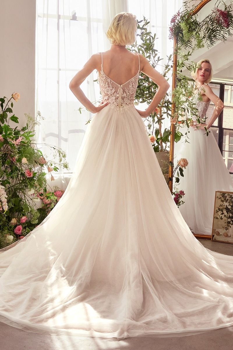 Floral Lace V-Neck Bridal Ball Gown with Tulle Skirt-2
