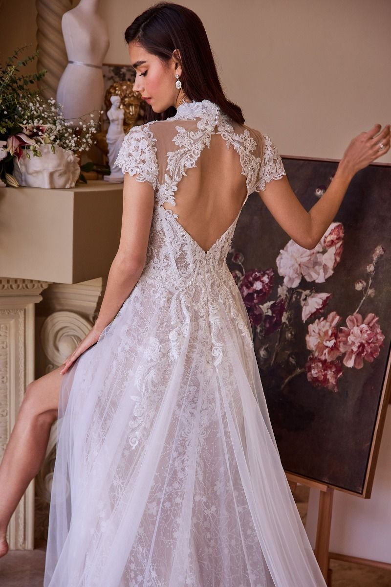 Lace & Tulle Short Sleeve Wedding Gown-3