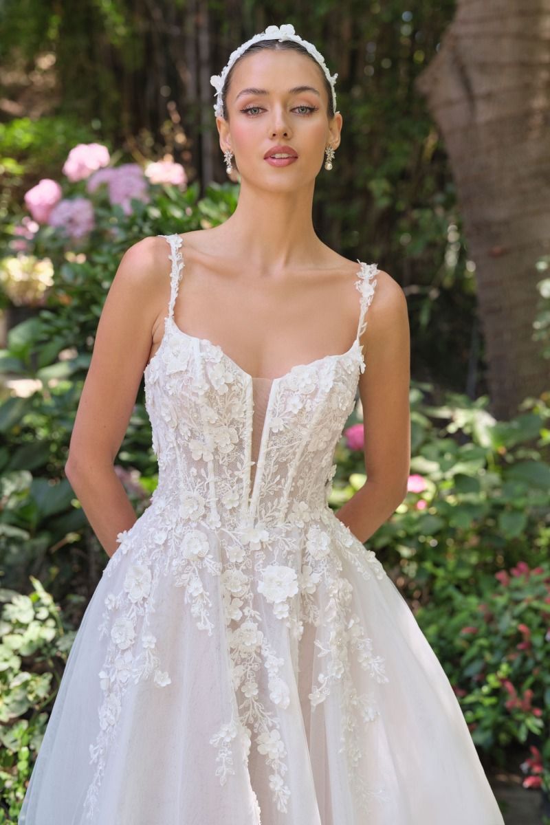 A-line wedding gown plunging illusion neckline and delicate floral straps corset bodice-1