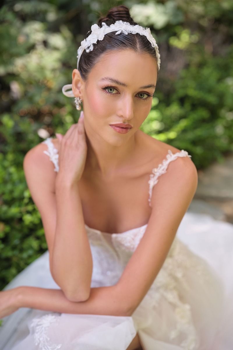 A-line wedding gown plunging illusion neckline and delicate floral straps corset bodice-2