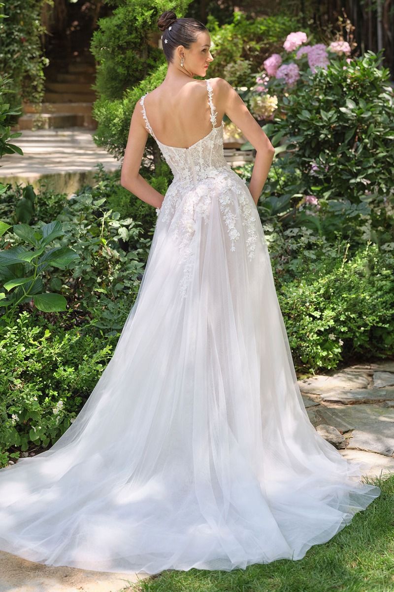 A-line wedding gown plunging illusion neckline and delicate floral straps corset bodice-4