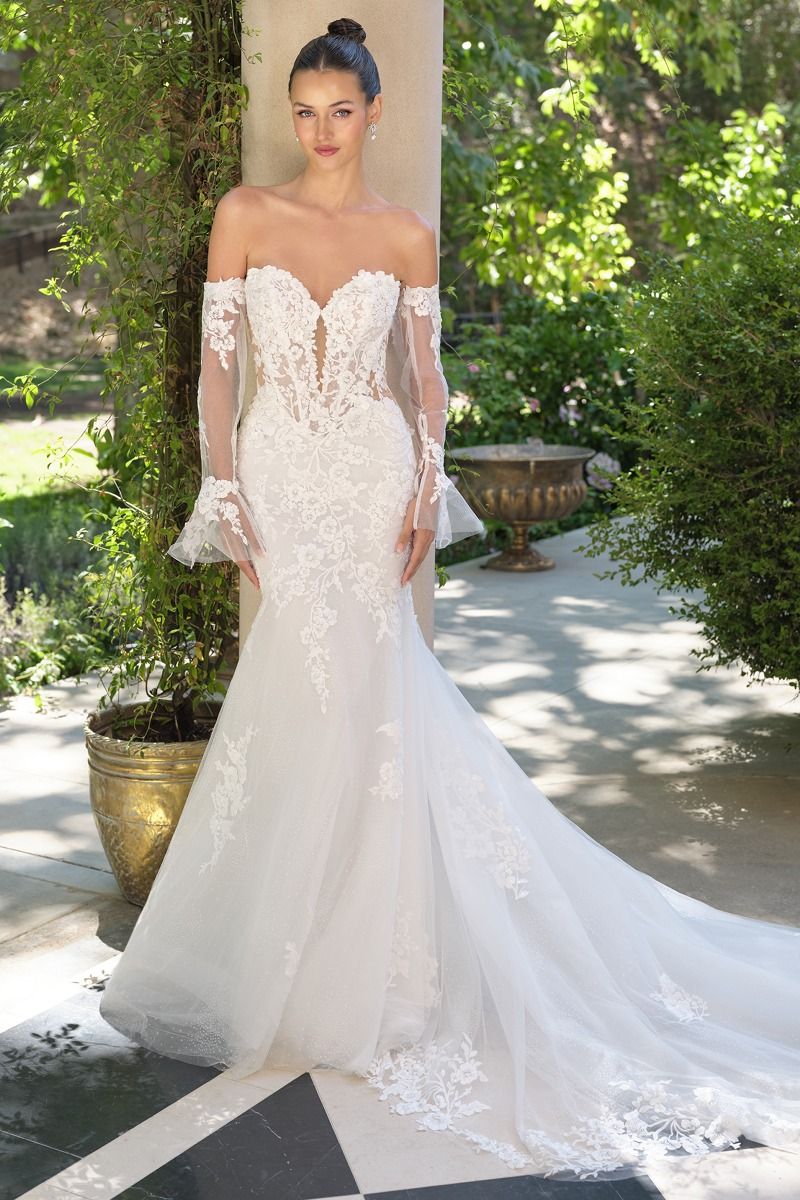 Lace Appliqué Mermaid Bridal Gown with Detachable Sheer Sleeves-0