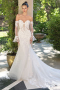 Lace Appliqué Mermaid Bridal Gown with Detachable Sheer Sleeves-0
