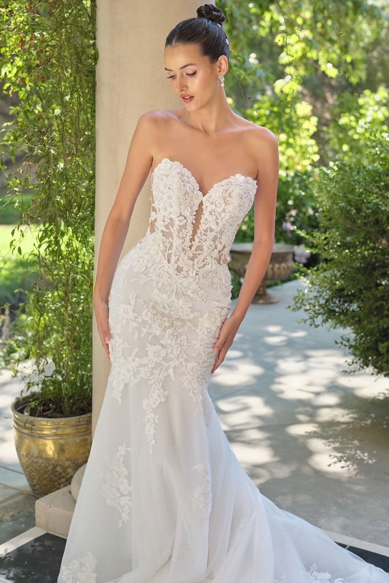 Lace Appliqué Mermaid Bridal Gown with Detachable Sheer Sleeves-2