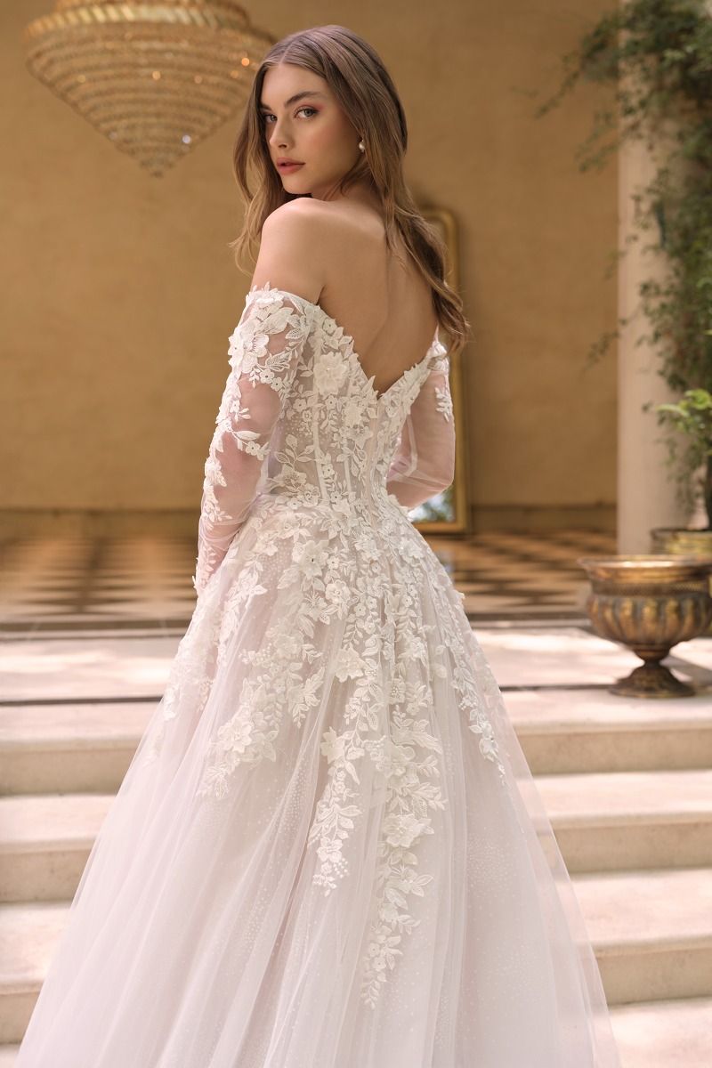 Off-The-Shoulder Neckline with Sheer Illusion Sleeves and A Corseted Bodice.-2