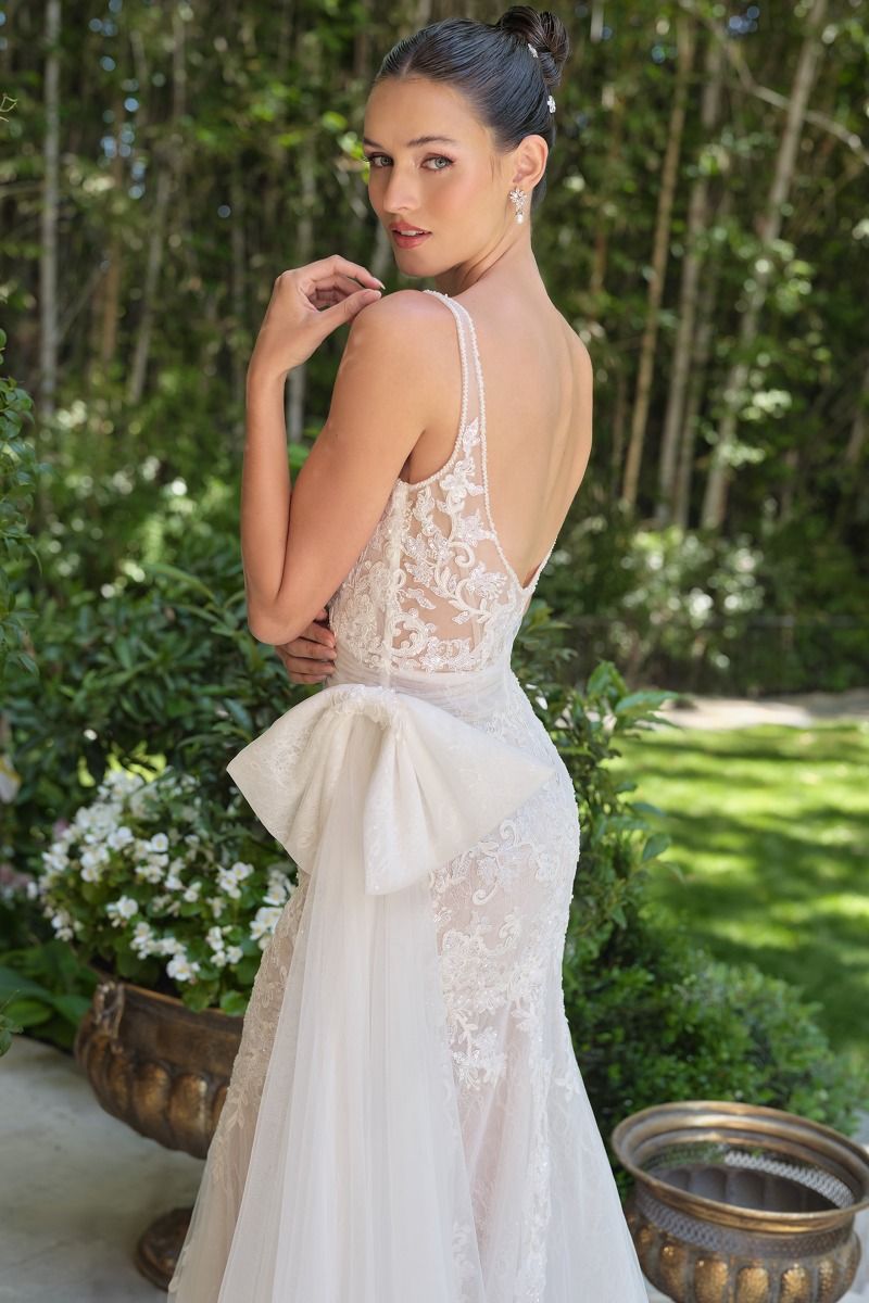 Embroidered Lace Mermaid Bridal Gown with Tulle Bow Train-1