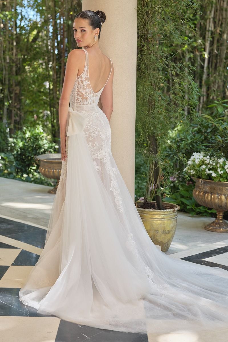 Embroidered Lace Mermaid Bridal Gown with Tulle Bow Train-3