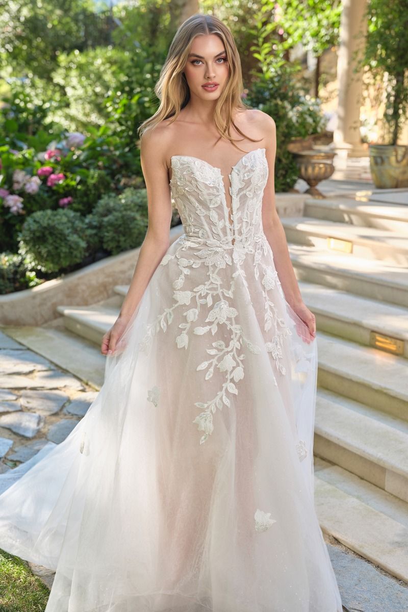Floral Lace Illusion Plunge Bridal Ball Gown-0