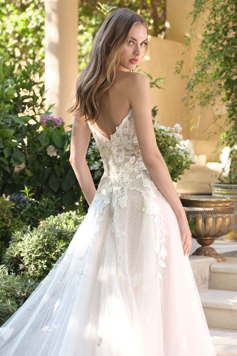 Floral Lace Illusion Plunge Bridal Ball Gown-1