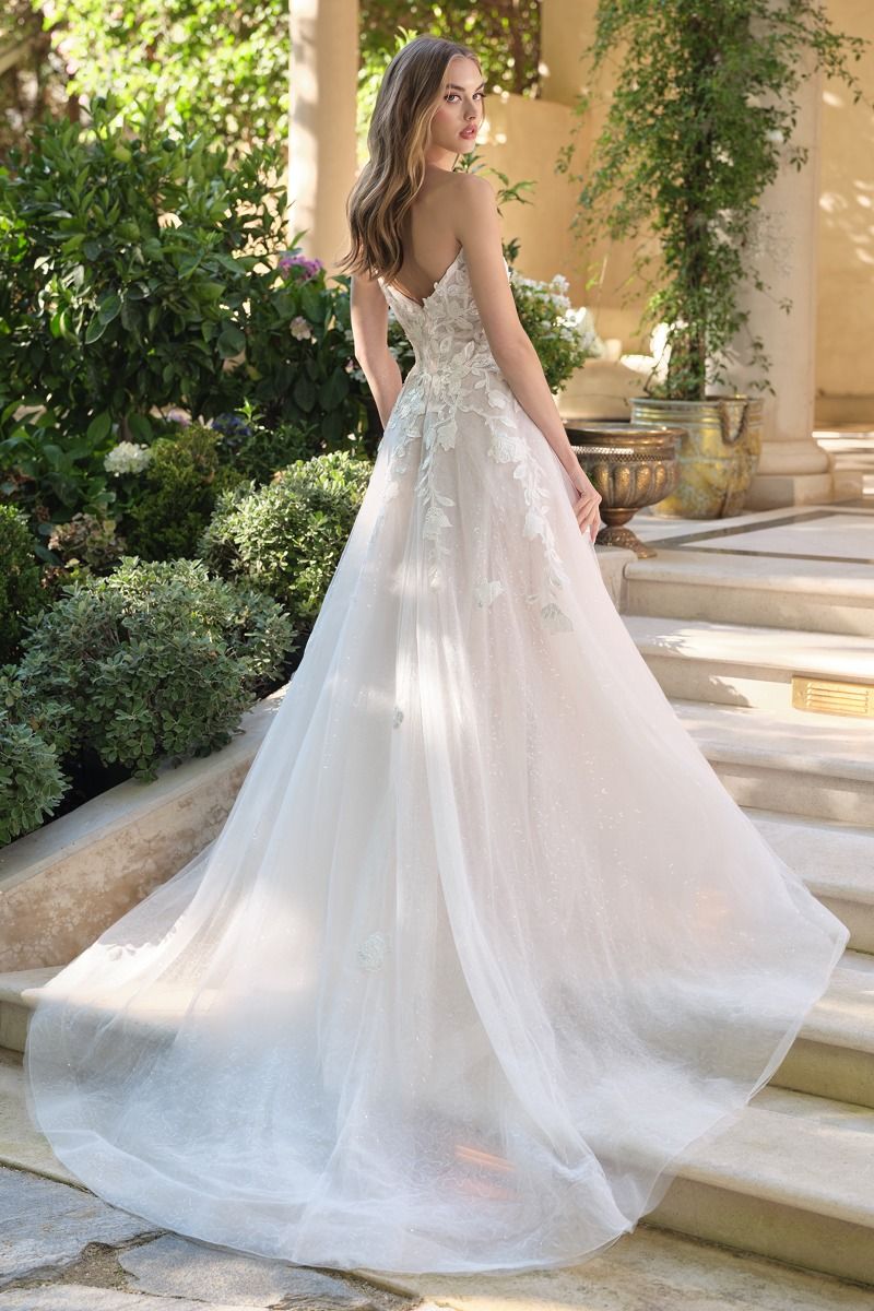 Floral Lace Illusion Plunge Bridal Ball Gown-3