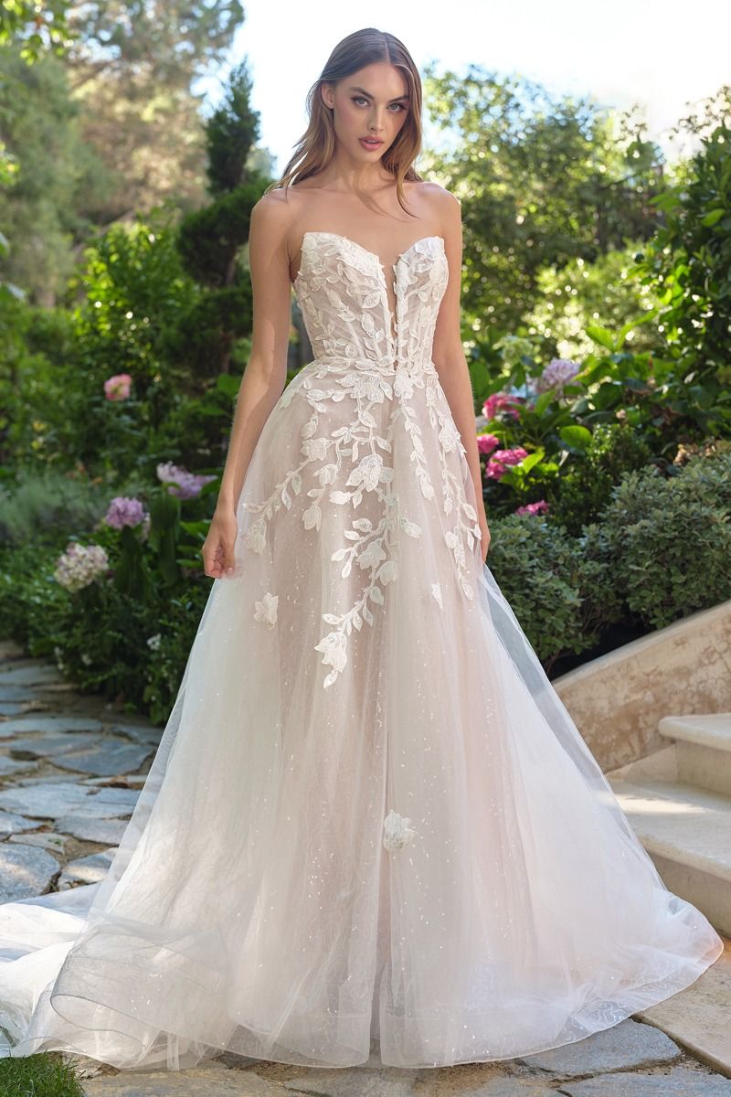 Floral Lace Illusion Plunge Bridal Ball Gown-4