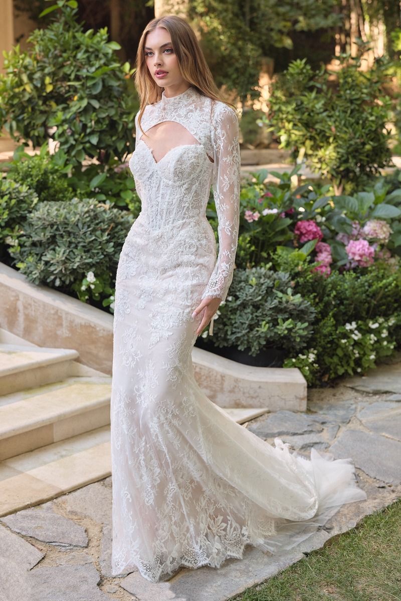 Sequined Lace Fit-and-Flare Bridal Gown with Detachable Bolero-3