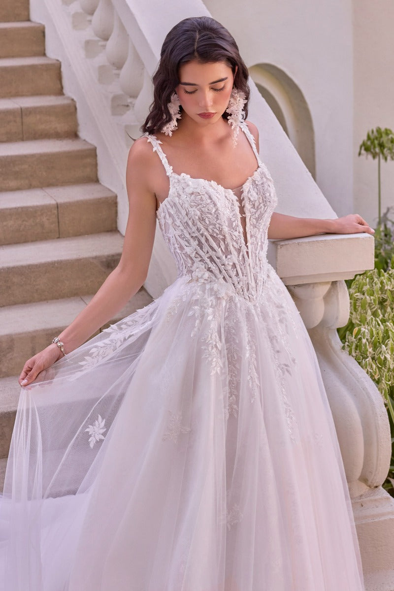 Leaf Motif Layered Tulle Wedding Ball Gown-1