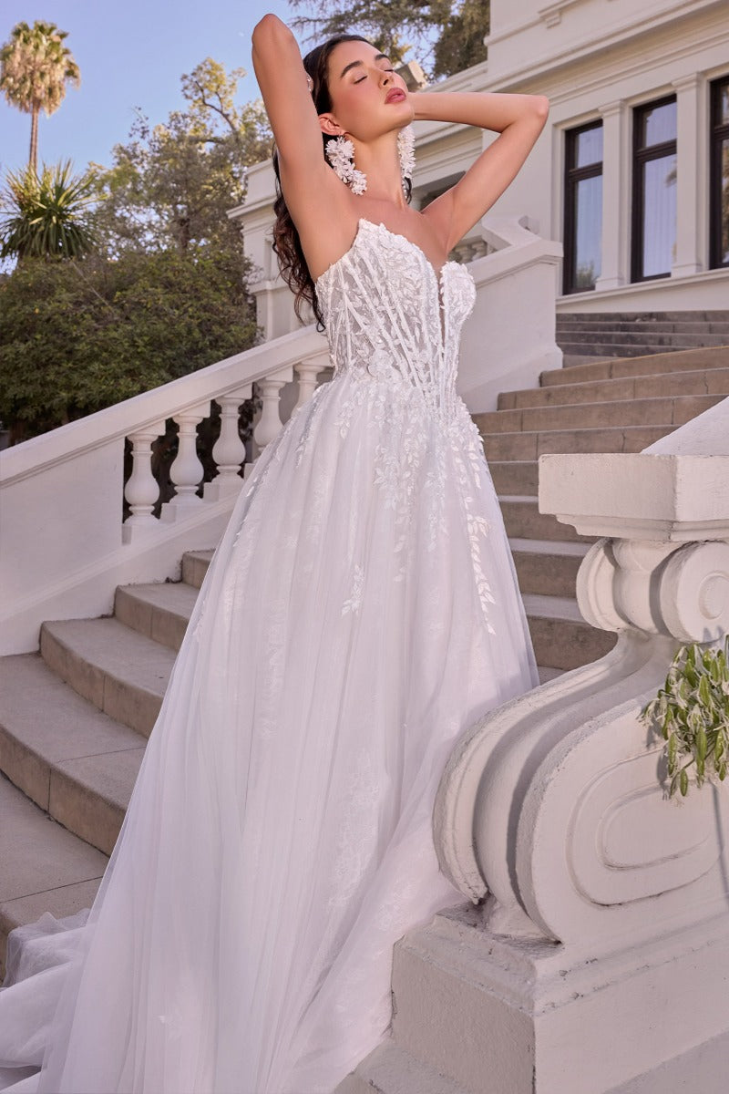 Leaf Motif Layered Tulle Wedding Ball Gown-3