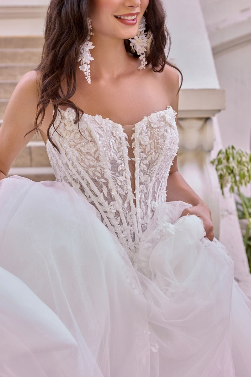 Leaf Motif Layered Tulle Wedding Ball Gown-2