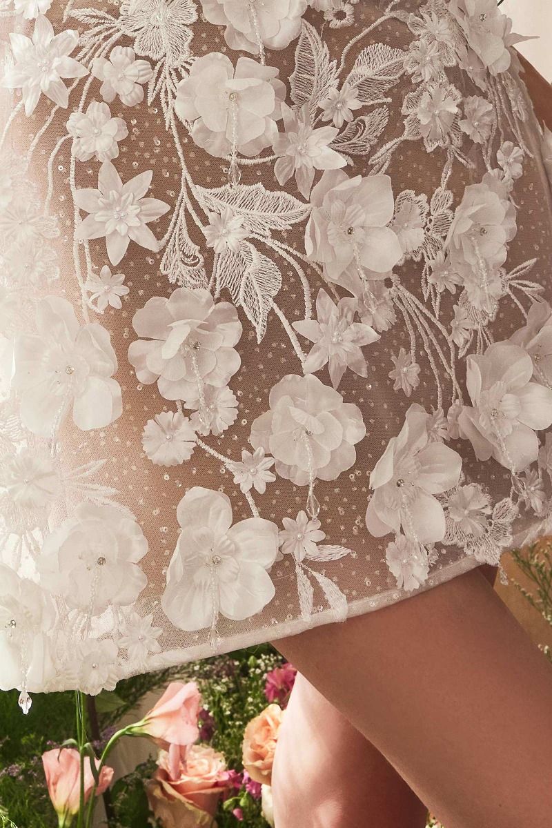 Dimensional Floral & Lace Strapless Short Bridal Midi Dress-1