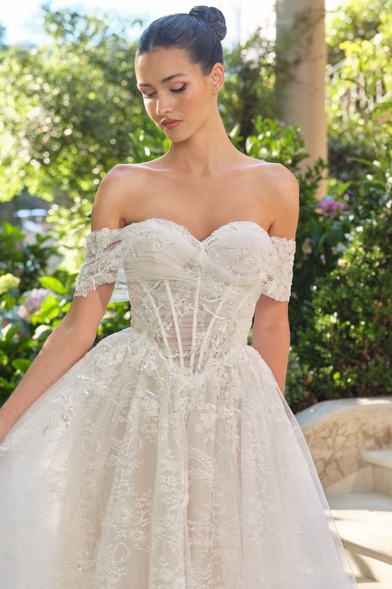 Wedding Ball Gown Illusion Bodice Adorned With Cascading Floral Appliqué-1