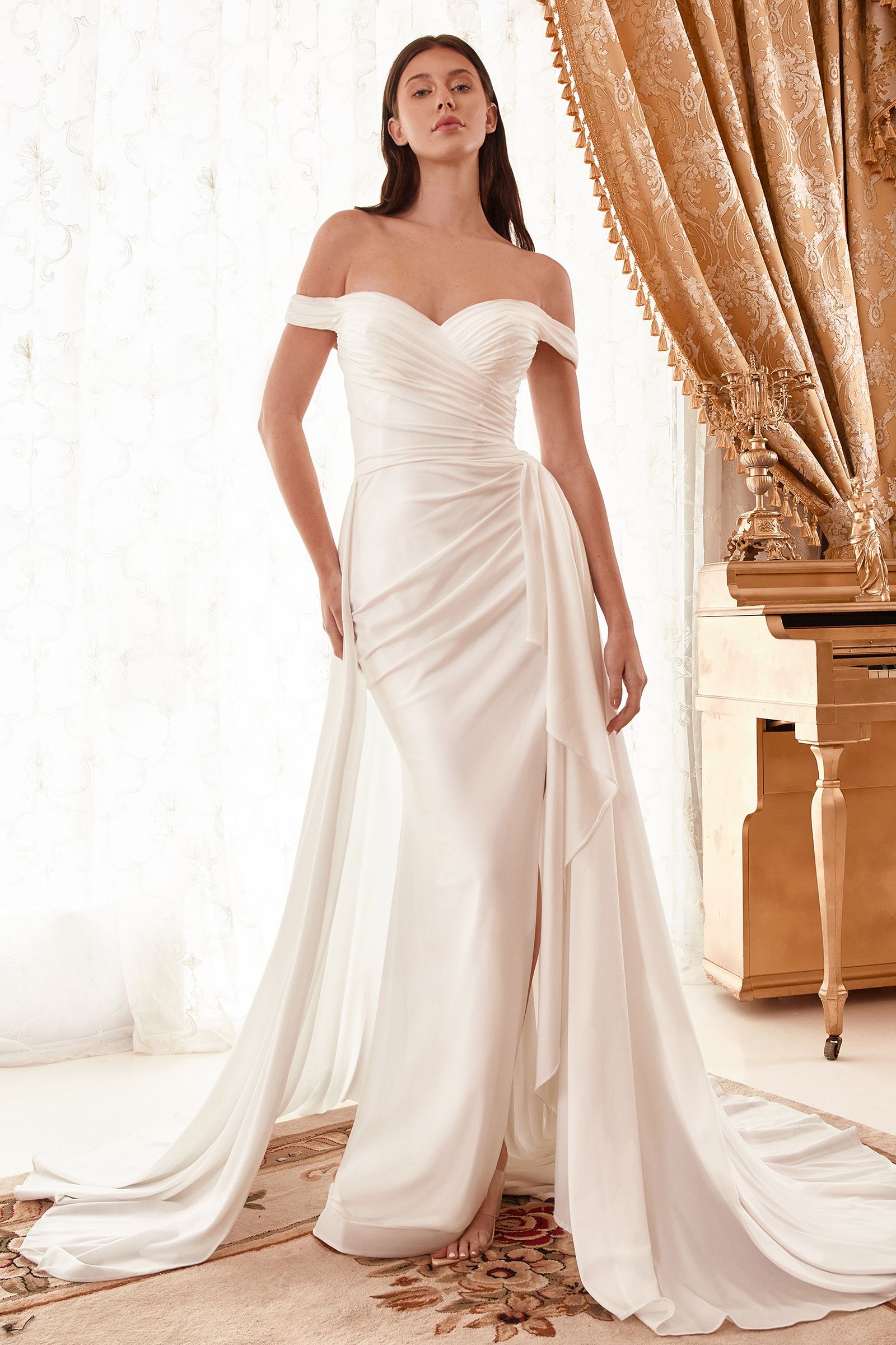 Draped Off The Shoulder Bridal Gown With Overskirt-0