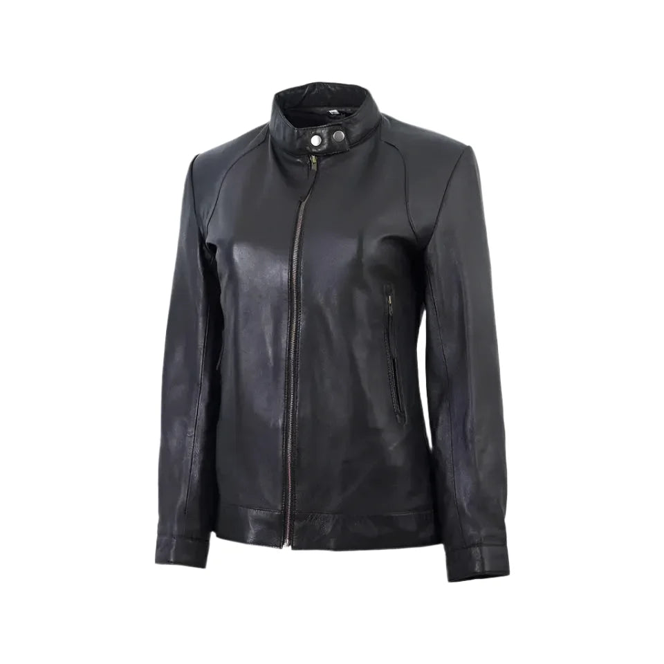 Women’s Black Band Collar Biker Leather Jacket
