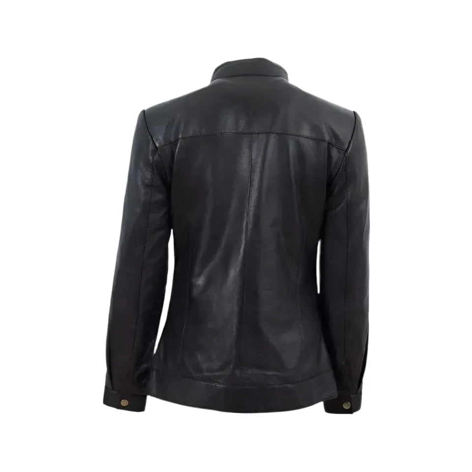 Women’s Black Band Collar Biker Leather Jacket