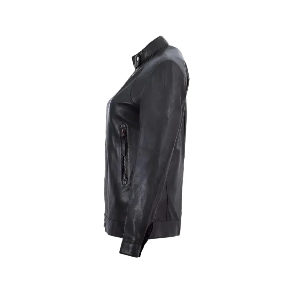 Women’s Black Band Collar Biker Leather Jacket
