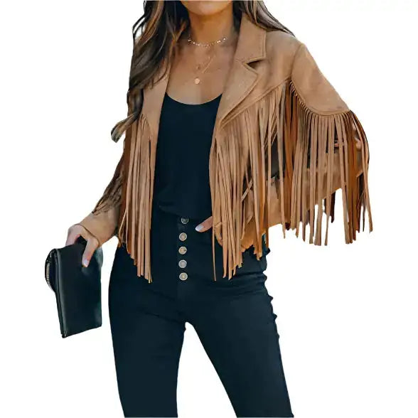 Women’s Camel Cropped Tassel Fringe Suede Moto Jacket