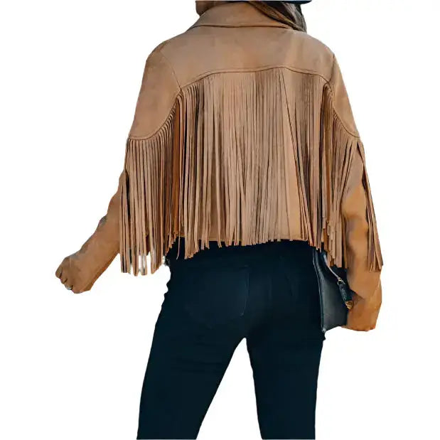 Women’s Camel Cropped Tassel Fringe Suede Moto Jacket