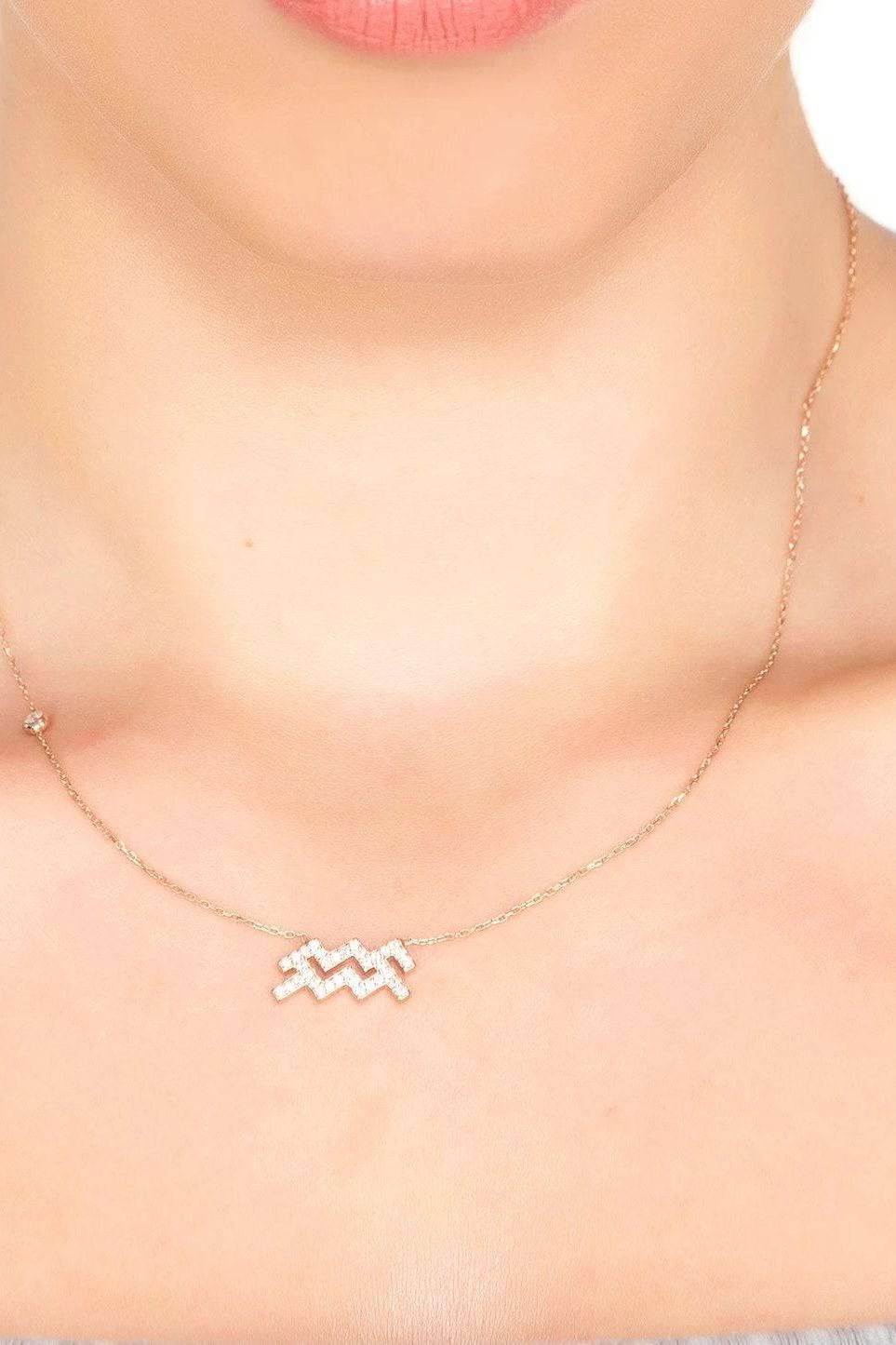 Zodiac Star Sign Pendant Necklace Silver Aquarius
